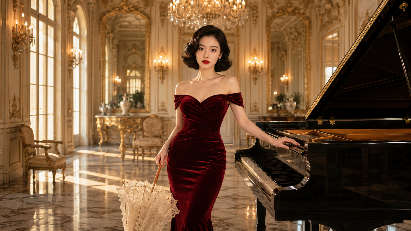 Nữ Hoàng Nhung Đỏ Bên Dương Cầm