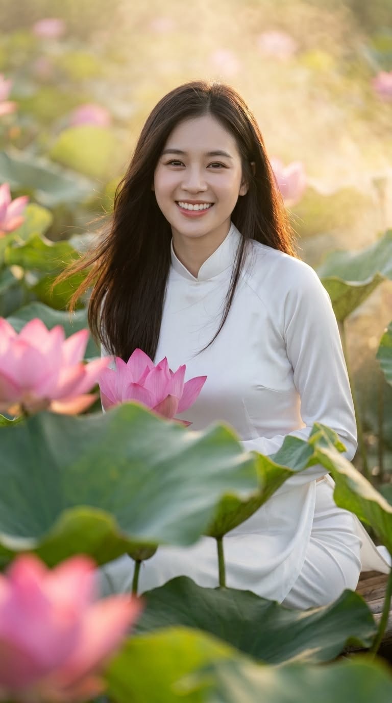 Thiếu Nữ Áo Dài Trắng Bên Hồ Sen