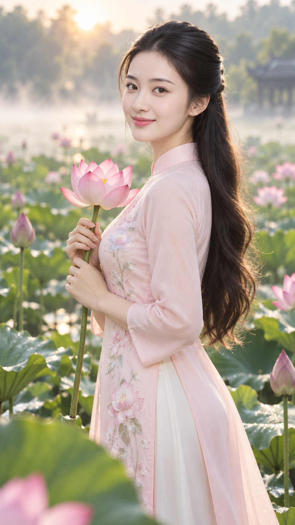 Thiếu Nữ Áo Dài Hồng Bên Đầm Sen