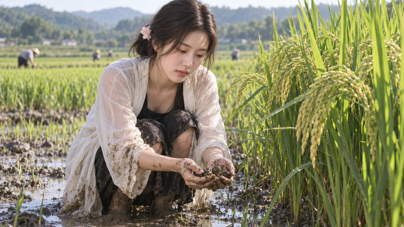 Cô Gái Bắt Ốc Giữa Đồng Lúa
