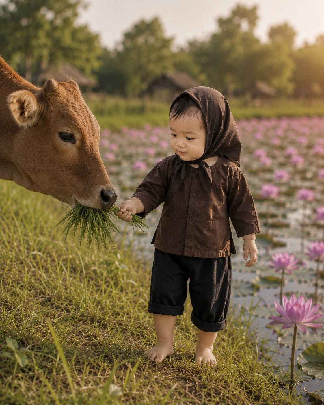 Em Bé Cho Bò Ăn Bên Hồ Sen