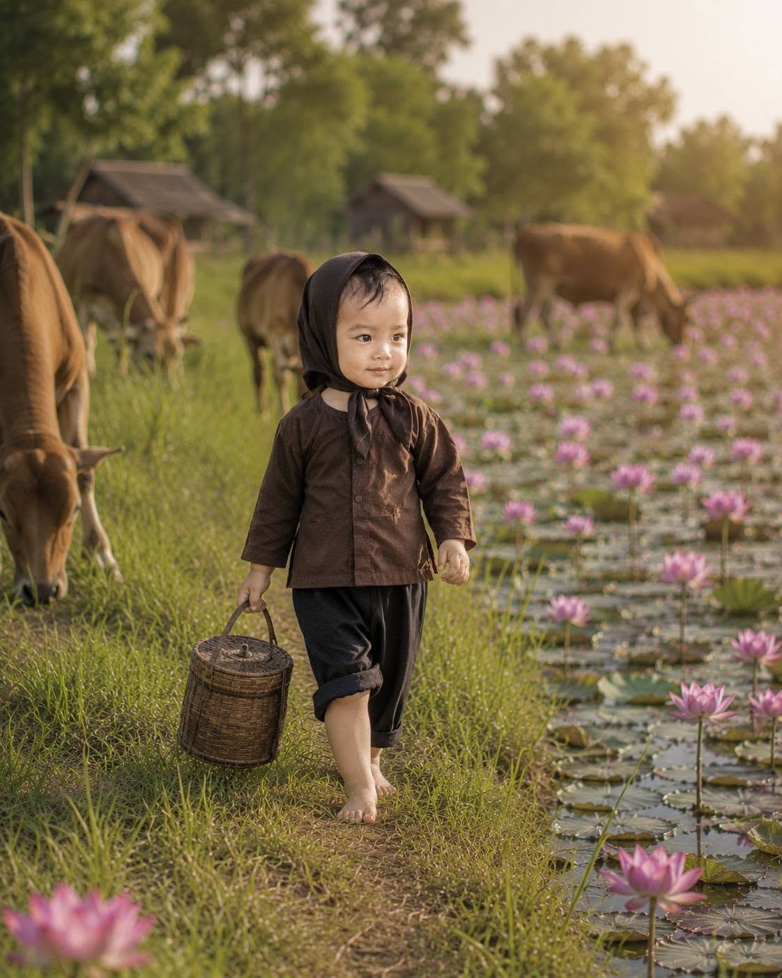 Bé thơ bên đồng sen